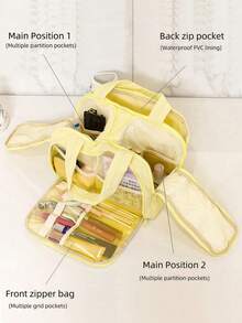 Large Capacity Double Wide Open Solid Color Toiletry Bag,Women's Portable Vacation Beauty Bag,Multi Pocket And Multi Slot Multifunctional Makeup Bag - 黃色 - 查看 2