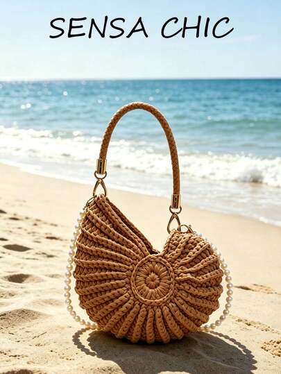 Handmade Woven Bag, Purely Handmade Women's Shell-Shaped Crossbody Bag, With Shoulder Strap, Finished Product, Handheld, Khaki Color, Hollow Design Opening Closure, Single Handle, White Beads, High Aesthetic Value, Multi-Functional Shoulder Strap, Suitable For Girls To Carry For Outings, Gatherings, Dates And Other Occasions