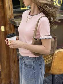 Jersey de punto de manga corta con cuello redondo, volantes y bloques de color, estilo casual de verano para mujer, color rosa - Rosa - Ver 3