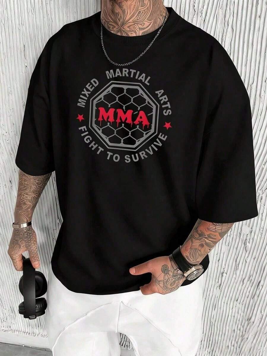 Playera Hombre Diseño Octágono MMA Frase "Fight to survive", Camiseta Deportiva para Entrenamiento Artes Marciales Mixtas - Negro - Ver 1