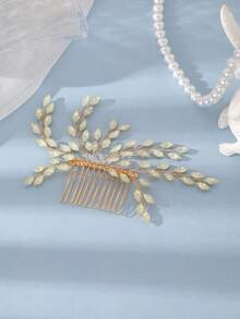 1pc Vintage Elegant Gold-Plated Full Rhinestone Olive Leaf Side Hair Accessory Bridal Wedding Accessory - Multicolor - View 2