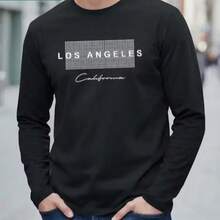 Camiseta de manga larga para hombre,% algodón, con estampado de letras, cuello redondo, capa base, para usar durante todo el año, esencial para salidas informales, lavable aáquin - Negro - Ver 1