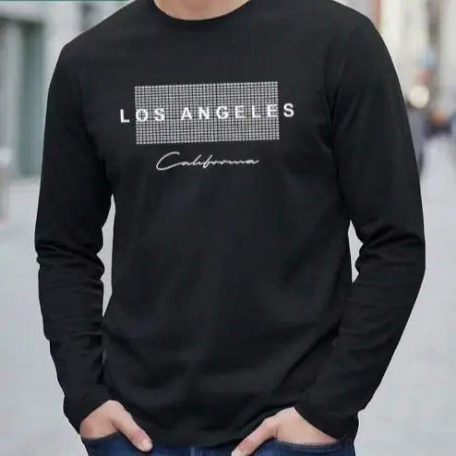 Camiseta de manga larga para hombre,% algodón, con estampado de letras, cuello redondo, capa base, para usar durante todo el año, esencial para salidas informales, lavable aáquin - Negro - Ver 1