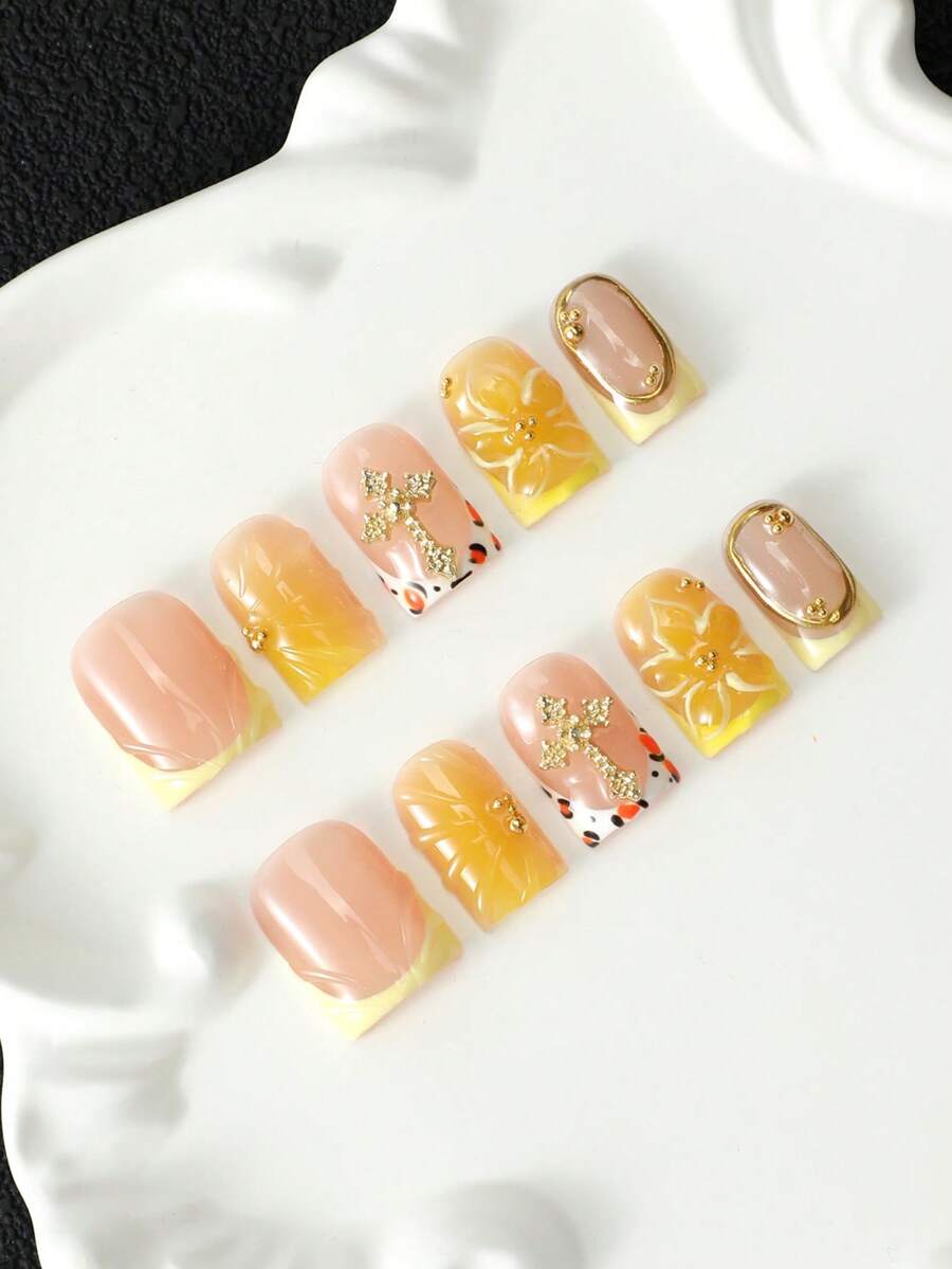 10Pcs Handmade Acrylic Multi-Layer Gel French Press On Nails Kit With Nail Tools, 3D Removable Hand Painted False Nail Tips With Rhinestone Cross Embossed Floral Design, Glitter Shiny Reusable,Y2K Sweet Cool Girl Style For Daily Party Holiday Outfit - 彩色 - 查看 1