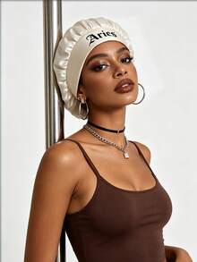 1pc 12 Constellations Beige Satin Hair Care Sleep Cap, Personalized Bonnet, Smooth & Comfortable, Multi-Scene Home Hair Care Luxury Cap - Beige - View 2