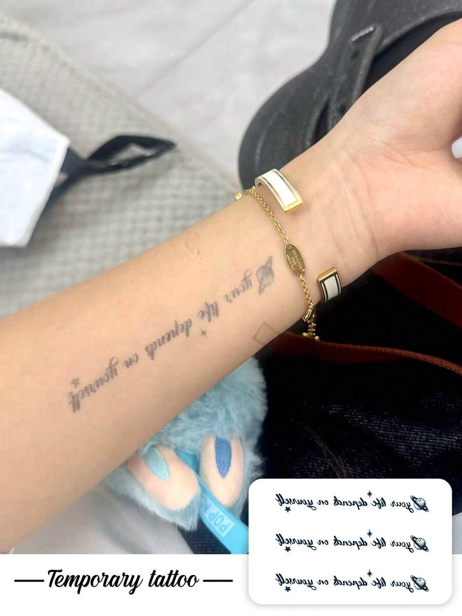 1pc Retro Script English Planet Star Triple-Design Temporary Tattoo Sticker, With Realistic Tattoo Design, Suitable For Travel, Music Festivals, Games, Graduation Gifts, And For 3-5 Days. - Black - View 1