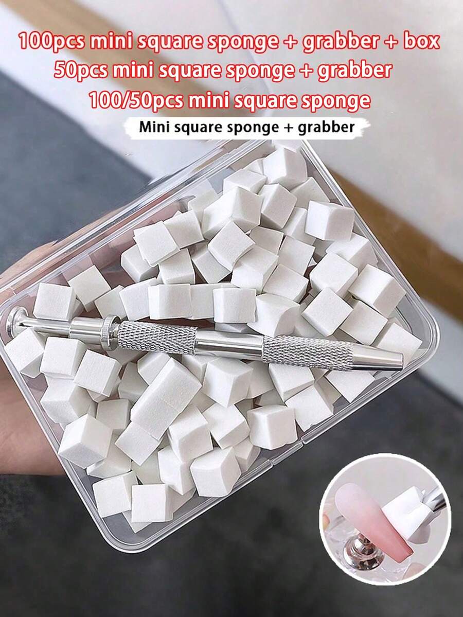 100/50 piezas Mini bloques de esponja con soporte de pinzas de 4 puntas, esponjas de gel degradado tie dye para arte de uñas, herramientas de esmalte de gel degradado para uñas - Multicolor - Ver 1