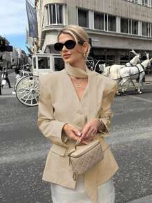 Solid Color Office Commute Casual Elegant Women's Blazer Jacket (No Belt) Fall - Off White - View 6