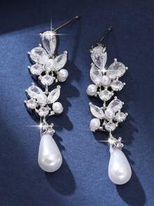 1pair Elegant Leaf Tassel Cubic Zirconia & Faux Pearl Dangle Earrings For Women Festivals Wedding Engagement Anniversary Party Jewelry Gift - White - View 8