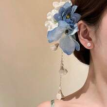 女款優雅甜美清新度假風珍珠流蘇藍色花朵髮夾，適合日常使用、居家、學校、海灘、辦公室、派對、假期、生日、返校、新年、情人節、母親節、聖誕節、婚禮、音樂節、畢業季，春夏款抓夾 - 淺藍色 - 查看 4