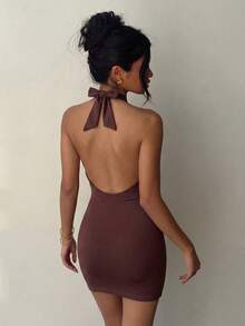 Brown Elegant Charming Strapless Solid Color Open Back Tie Knot Mini Dress, Suitable For Pool Party, Beach Vacation, Night Out, Minimalist Summer Style - Coffee Brown - View 6