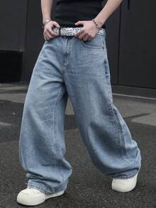 1 pièce Jean bleu large et ample vintage pour homme, toutes saisons, pantalon en denim rétro des années 90 pour le streetwear extérieur - Bleu azur - Voir 3