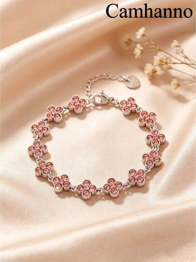 Camhanno 1 pezzo Braccialetto in stile lussuoso europeo e americano in acciaio inossidabile placcato oro 18K con quadrifoglio e strass, strass di più colori disponibili, non sbiadisce, catena delicata, versatile per il pendolarismo, gioielli da donna, regalo per la migliore amica, accessorio quotidiano