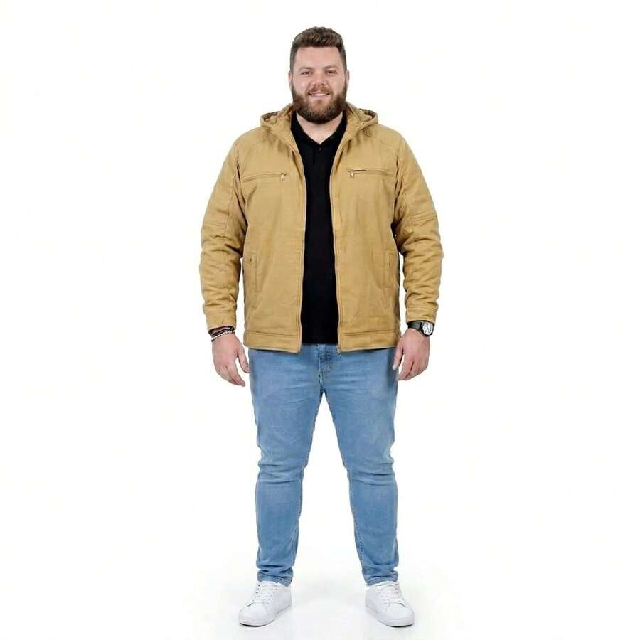 Men's Plus Size Lined Twill Jacket With Pockets - Beige - View 1