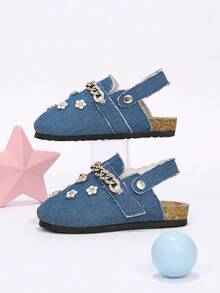 Girls' Formal Closed-Toe Mule Shoes, Classic Blue, 2-Way Wear, With Gold Rhinestone Chain Strap, 3D Heart And Flower Decor, Suitable For All Seasons - Blue - View 3