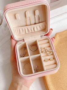 1pc Travel Jewelry Organizer Box, Women's Gift, Mini Jewelry Storage Box With Mirror For Necklaces And Earrings, Pink Travel Essential, Women's Day Gift, Suitable For Vacation, Beach, Bathroom, Bedroom, Large Capacity - Multicolor - View 3