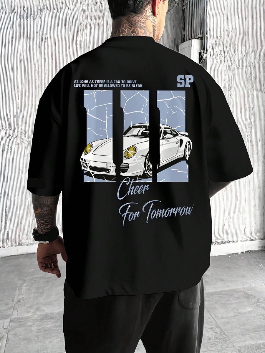 Camiseta Hombre Gráfico de Coche de Carreras Corte Holgado, Playera Ropa de Calle para Entusiastas de Coches Verano - Negro - Ver 1