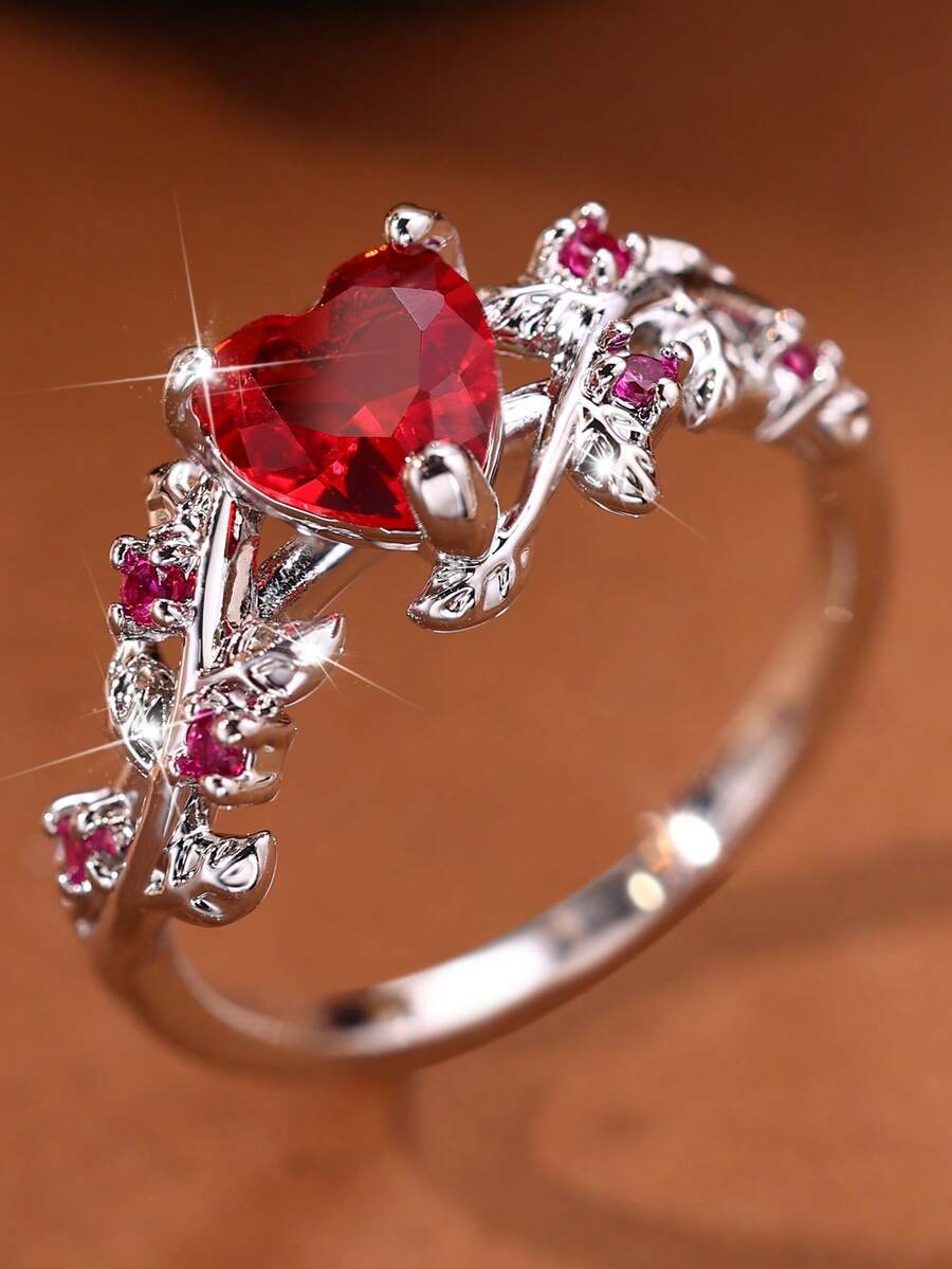 1pc Fashion New Red Heart-Shaped Cubic Zirconia Inlaid Ring, Engagement Jewelry Suitable For Women, Gift For Family/Friends/Lovers/Valentine's Day - Red - View 1