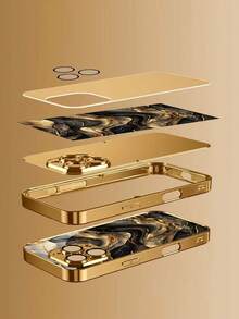 1pc Personalized Custom Text Black Gold Fluid Gilded Marble Pattern Design Electroplated Tempered Glass Phone Case Compatible With IPhone 17 Pro Max/17 AIR/16/15/13/12/11/XS Max/678 Plus, High-End Business Custom, Light Luxury Fashion, Built-In Lens Protector, Holiday Gift, Birthday Present, Couple, Pet, Friend, Classmate, Bestie, Brother, Family, Fashion High-Definition Printed Protective Cover - Gold - View 6