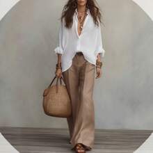 2026 Soft Lightweight White Imitation Linen Blouse Sand Brown Wide Leg Pants Two Piece Casual Set Hustle&Haze - Apricot - View 2