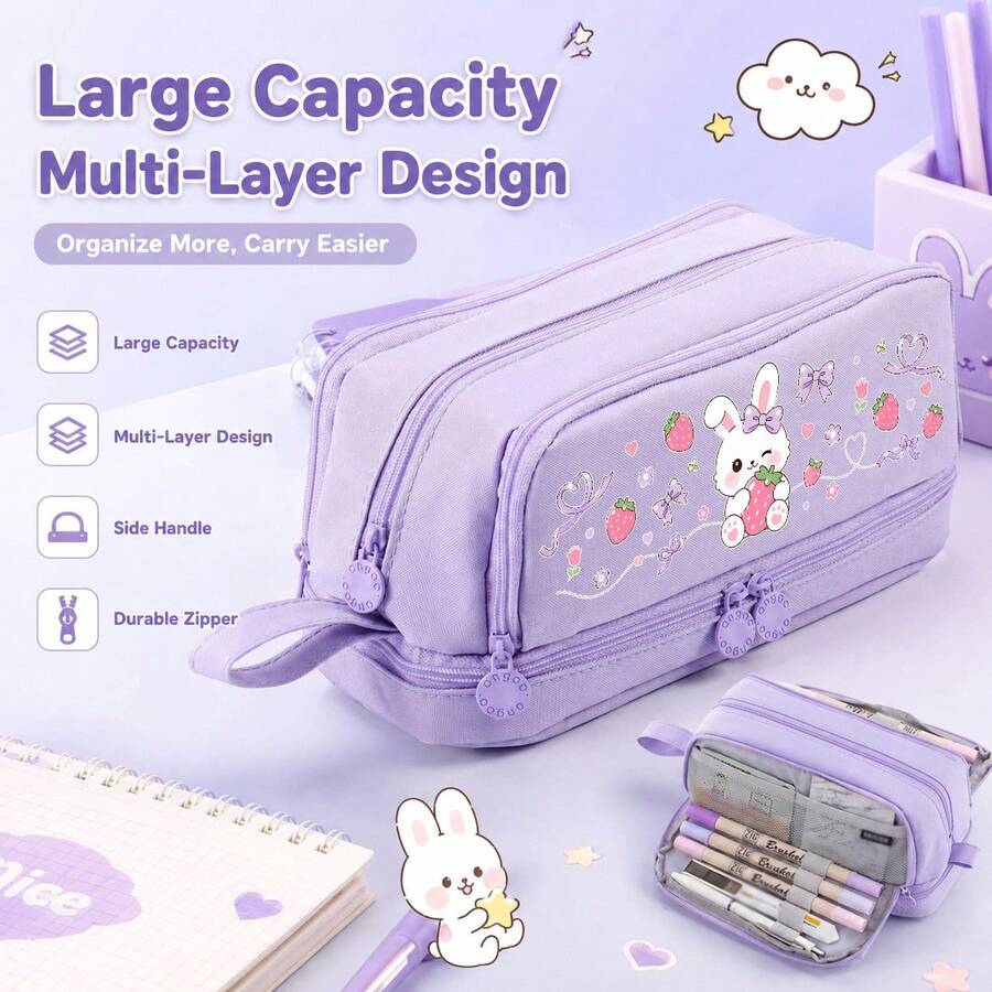 Cute Pencil Case,Desktop Storage Pencil Case, Large Capacity Design,Exquisite Printed With Multi-Layer Zipper Design,Back To School Supplie Essentials - Multicolor - View 1