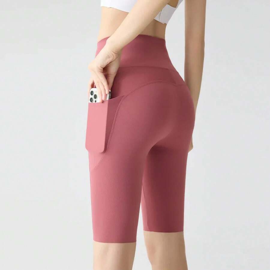 BIVIGAOS Sharkskin Yoga Shorts With Pocket, Summer Cycling Shorts, High Waist Slim Fit Push-Up Shorts, Nude Feel, Sports Shorts For Cycling And Fitness - Peach red - 查看 1