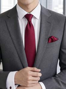 1 Set Of Wine Red Tie Pocket Towel Combination Set, Suitable For Formal Wear And Banquets - Burgundy - View 2