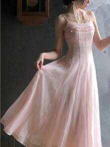 Spring/Summer New Baby Pink Ruffle Bustier Dress, Slim Fit A-Line Fairy Style Beach Outfit Wedding Party - Baby Pink - View 7