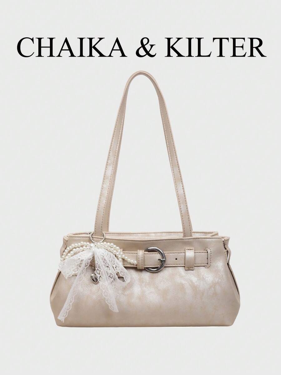 CHAIKA & KILTER 1pc Solid Color PU Fabric Women's Vintage Fashion Shoulder Bag, Underarm HOBO Bag With Strap Decoration, Zipper Closure, Dual Handle Design, Suitable For Daily Shopping (Sold With Pendant)