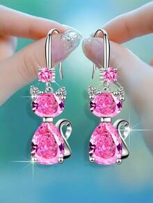 YSH.ZIXIN 1 Pair Crystal Cat Pendant Earrings With Ocean Heart Design, Shining Rhinestone Eardrops For Women - Kitten-2 - View 6