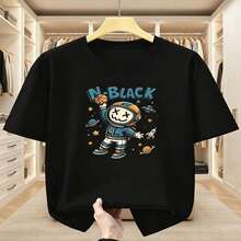 Camiseta de Algodón 100% para Hombres Talla Grande con Estampado de Astronauta y Baloncesto Espacial - Cuello Redondo, Manga Corta, Casual para Verano - Cómoda y Básica, TALLA GRANDE - Negro - Ver 2