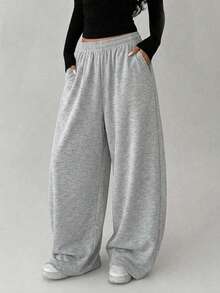 1pc Girls' Casual Fashion Versatile Personalized Korean Style Elastic Waist Wide Leg Straight Long Pants, Spring/Autumn New Back To School - Light Grey - View 1