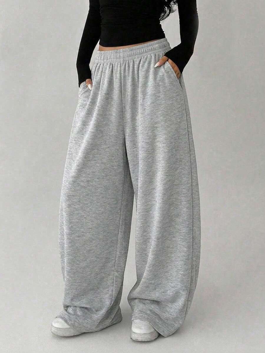 1pc Girls' Casual Fashion Versatile Personalized Korean Style Elastic Waist Wide Leg Straight Long Pants, Spring/Autumn New Back To School - Light Grey - View 1