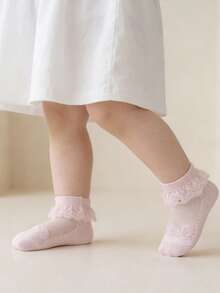 1雙女童幼兒薄款冰絲透氣玻璃纖維棉短襪 嬰兒襪 - 粉色 - 查看 4