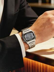 FOSSIL Men's Multifunction Quartz Watch. Men's Chronograph Stopwatch With Date Display And Alarm Function, Square Dial. Stainless Steel Band. LCD Display. - Silver - View 4