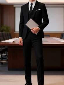 Men's Slim-Fit Black Three-Piece Suit-Ideal For Weddings And Formal Occasions, Including Business Meetings, Elegant Events, And Wedding Celebrations. - 黑色 - 查看 7