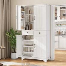 Tall Cabinet With Adjustable Shelves And Drawers, Bookcase With Sliding Shelves And Refrigerator Doors, Ideal For The Dining Room, Living Room And Kitchen (White) - White - View 4