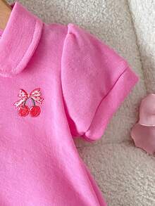 Pink Cherry Blossom Embroidered Baby Girl Polo Dress, Breathable Fabric, 3-Layer Ruffle Skirt, Casual Jumper Dress For Children - Rose Red - View 5