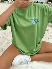 2026 New Summer 100% Cotton Oversized Drop-Shoulder Tee, Double-Sided Hibiscus ALOHA HAWAII Print, Women's Casual Short-Sleeve Round-Neck Top, S-7XL - 綠色 - 查看 2