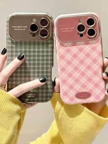 極簡 Ins 風情侶格紋手機殼，適用於 Apple 17 Pro Max、16 Pro、13、14 Pro、15 Pro，小眾全包覆皮革防摔軟殼 - 粉色 - 查看 2