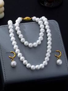 4pcs/1pc/1 Pair Luxury Faux Pearl Jewelry Set Necklace Bracelet Earrings Vintage French Style Collarbone Chain Minimalist Elegant Women Accessories For Daily Commute Date Evening Party Wedding Versatile - White - View 4