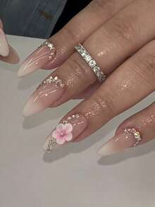10 Stücke handgefertigte Press-On-Nägel, Sommernägel, mandelförmige rosa Nägel mit irisierenden Strass-Fransen entlang der Nagelhaut und 3D-rosa Blume mit zentraler Kristallverzierung, perfekt für den täglichen Gebrauch, Dates und Hochzeitsfeierlichkeiten. - Weiss - Übersicht 2