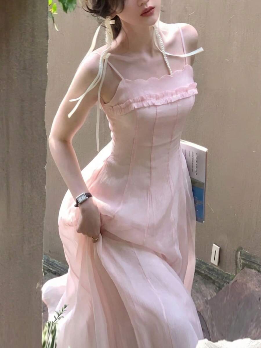 Spring/Summer New Baby Pink Ruffle Bustier Dress, Slim Fit A-Line Fairy Style Beach Outfit Wedding Party - Baby Pink - View 1