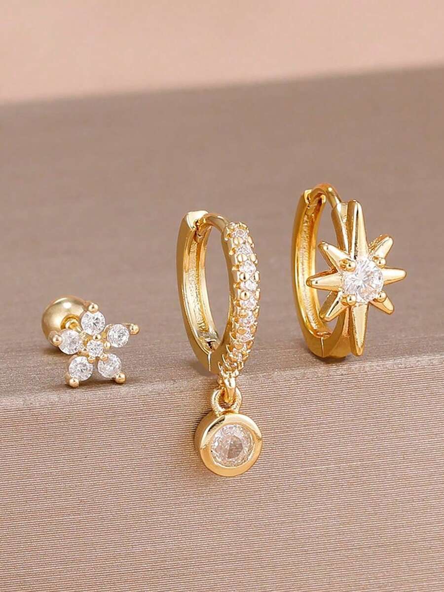 3件組單面時尚星形鋯石可堆疊耳釘,18K鍍金不鏽鋼立方鋯石獨特花星耳釘組,優雅穿刺飾品,適用於耳軟骨、耳屏、耳輪、耳垂等,適合女性與女孩 - 金-白-3pcs - 查看 1
