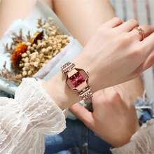 POEDAGAR 1pc Women's Hexagonal Ruby Waterproof Luminous Rhinestone Scale Rose Gold Stainless Steel Strap Fashion Quartz Watch, Valentine's Day Gift - Red - View 2