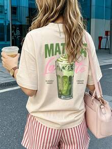 Damen lässig Rundhalsausschnitt Kurzarm Beige T-Shirt mit elegantem Matcha Latte Kaffee Muster, geeignet für Genießer im Sommer - Aprikosenfarben - Übersicht 1