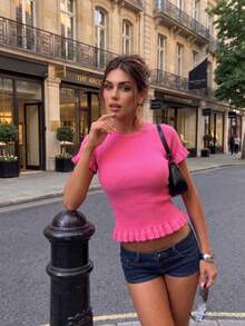FOR BEAUTY Summer Y2K Women Pink Ribbed Knit Top Crew Neck Cropped Slim Fit Ruffle Hem Casual Streetwear Going Out - Hot Pink - View 3