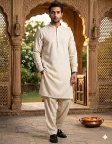 Estationeryhouse Raw Silk Kurta Pyjama For Men, With Cotton Lining And 2 Pockets - Off White - View 2