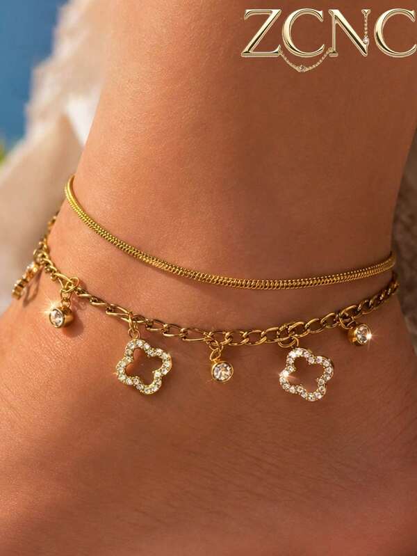 2pcs/Set Tobillera de mujer con colgante de flor y borla de strass completo, estilo nuevo 2026, minimalista, elegante y versátil, chapada en oro de 18K, adecuada para uso diario/fiesta de playa de verano/vacaciones/regalo del Día de la Madre/Día de San Valentín
