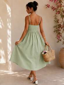 New Spring/Summer Fashion Minimalist Elegant Daily & Vacation Style Adjustable Strap Dress, Regular Sizes For Women - Green - View 4